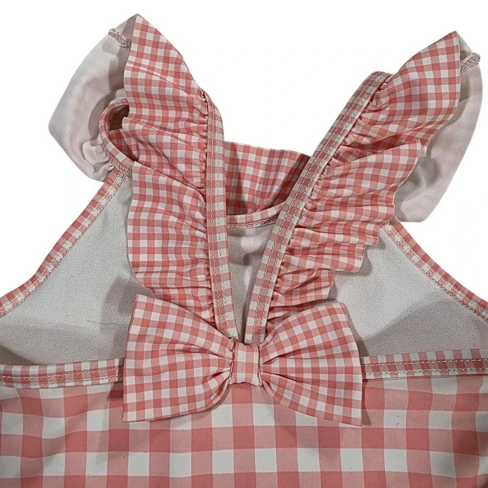 Carters‎ One Piece Swimsuit Baby Girl Pink White 4T Plaid Stretch Bow Ruffled